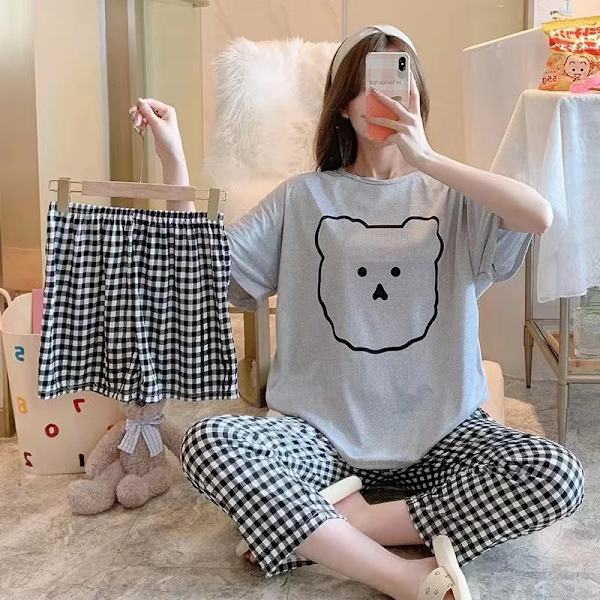 Naisten Uusi Pyjama 3-osainen Naisten Kesä Lyhythihainen Löysä Korealainen Versio Opiskelijoiden Suuri Koko Suuri Koko Suuri Koko Kotipyjama Sininen 40-70kg
