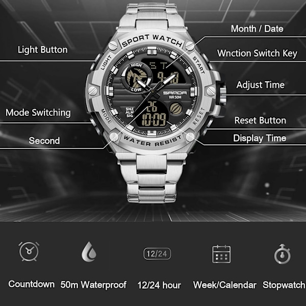 Herrar Dubbel Display Klocka 5 ATM Vattentät Digital Analog Militär Rostfritt Stål Svart Silver C Black silver C