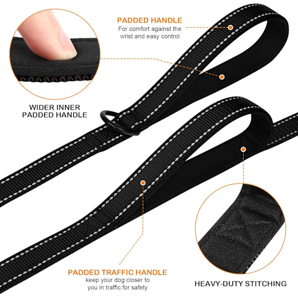 Solid Hundeleie med Dobbelt Håndtak, Refleks for Trafikkontroll, 6FT, Svart Black 6 ft 2 Handle