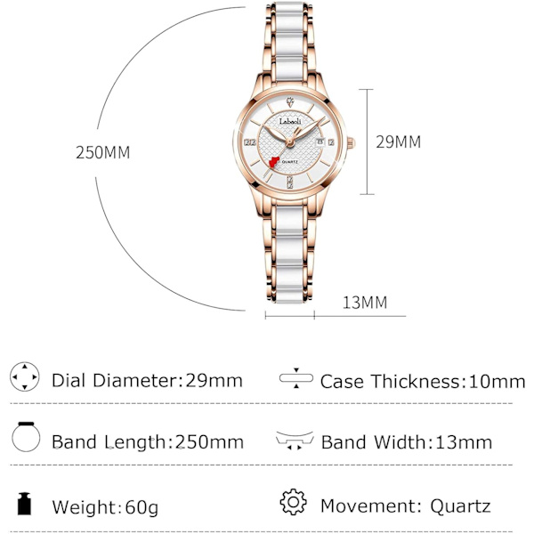 Damklocka i mode, multifunktionell analog kvarts, vattentät, elegant med diamanter, vit White