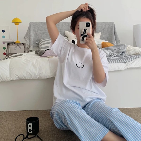 Kvinnors 2-delad pyjamas Homewear vår och höst pyjamas sommar pyjamas kvinnors kortärmade byxor set för hemmakläder vit 40-70kg