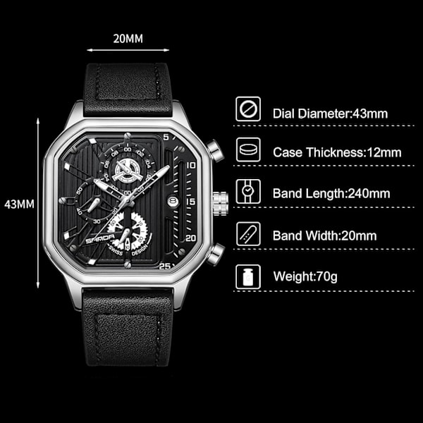 Ur Fashion Square Håndleds Ur Lysende Analogt Ur Multifunktionelt Chronograf Ur Fritids Rustfrit Stål Herre Ur Sort Sølv A Black silver A