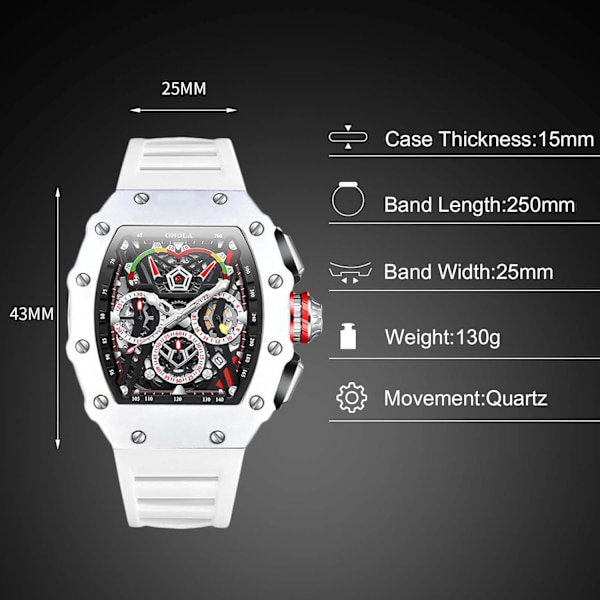 Mænds Tonneau Ur Analog Kvarts Multifunktionel Chronograf Moderigtig 5 ATM Vandafvisende Armbåndsur med Silikonrem Hvid White