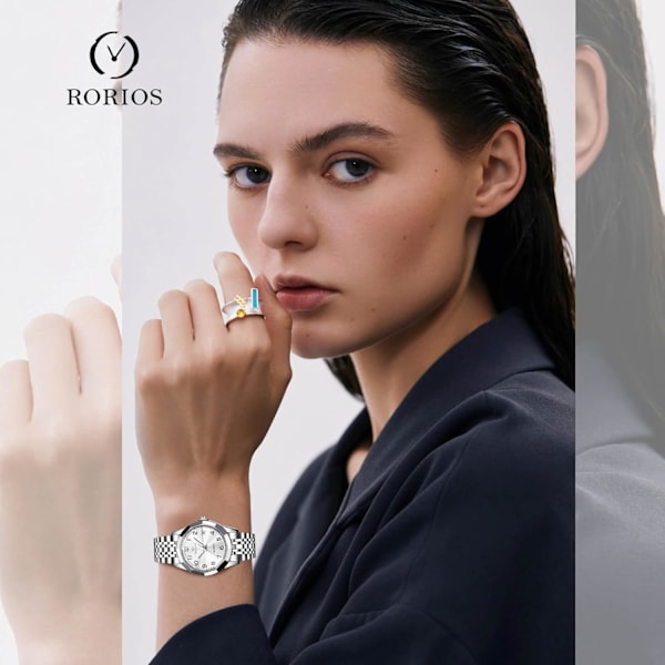 Damklocka i Klassisk Rostfritt Stål Elegant Analog Kvartsur Damklocka Vattentät Klocka Luminous Datum Kalender Klocka Vit White
