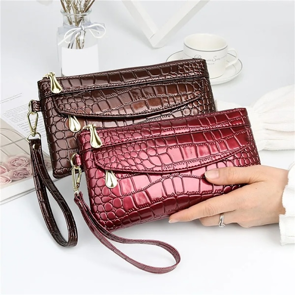 Alligator Läder Damplånböcker Lång Tygväska Dam Plånbok med dubbla dragkedjor Dam Clutchväska Design Handväska Krokodilplånböcker Wine Red   1