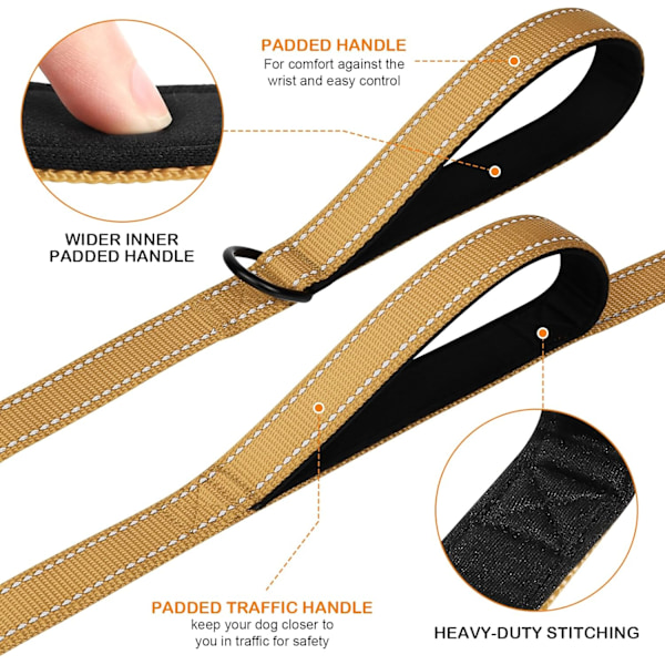 Solid Hundeleie med Dobbelt Håndtak, Refleks for Trafikkontroll, 1,5 Meter, Khaki Khaki 5 ft 2 Handle