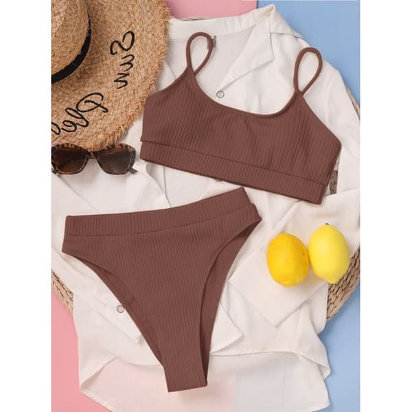 Dam Ribbad Cami Bikini Set med Hög Midja Kaffe S-US4-max