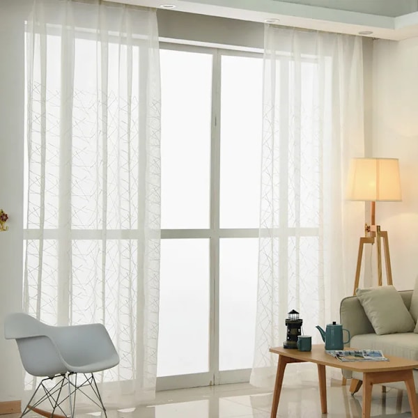 Vitt Kors Vertikal Strip Broderade Voile Gardiner För Vardagsrum Sovrum Sovrum MULTI W132cmXH213cm 1PC