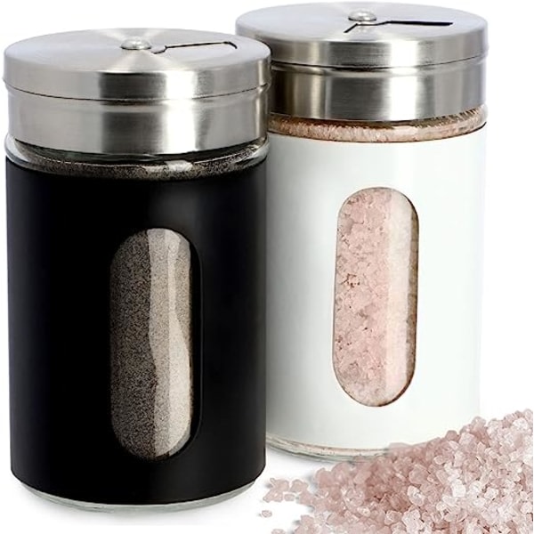 SQBB Salt- och pepparshaker-set, 90 ml, saltskakare i glas och rostfritt stål, liten kryddbehållare med lock, kryddställ, kruka, genomskinlig saltkar-