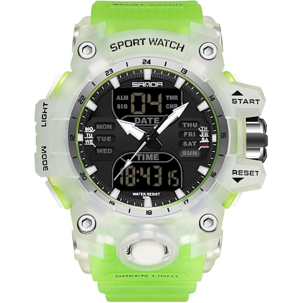 Herrar Sport Armbandsur Multifunktionell Elektronisk Klocka Digital Kvartsur Dubbel Display Klocka för Pojke 50m Vattentät GRÖN Green