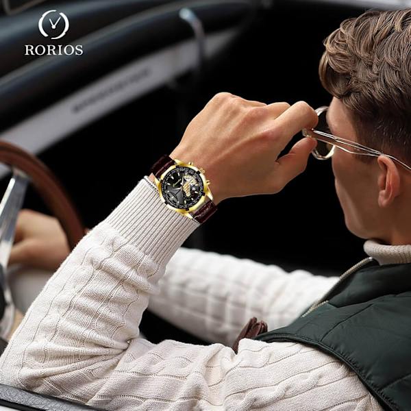 Modeklockor för Män Business Rostfritt Stål Armbandsur Analog Kvarts Armbandsur Datumkalender Luminous Watch för Män Brun Guld A Brown gold A