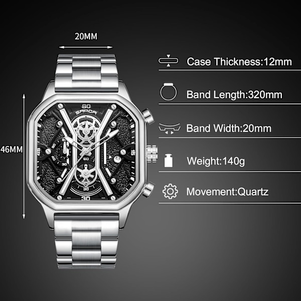 Herrar Business Rostfritt Stål Klocka Luminous Analog Armbandsur Multifunktionell Chronograf Klocka Mode Kvadratisk Klocka Svart Silver C Black silver C