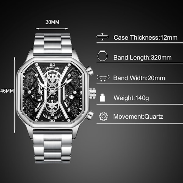 Mænds Forretningsur i Rustfrit Stål med Luminous Analogt Urværk, Multifunktionel Chronograph Ur, Mode Kvadratisk Ur, Sort Sølv C Black silver C