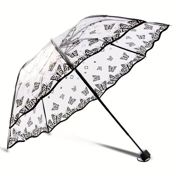 Ny våg kant retro transparent paraply PVC tre vikbar båge fjäril ros paraply