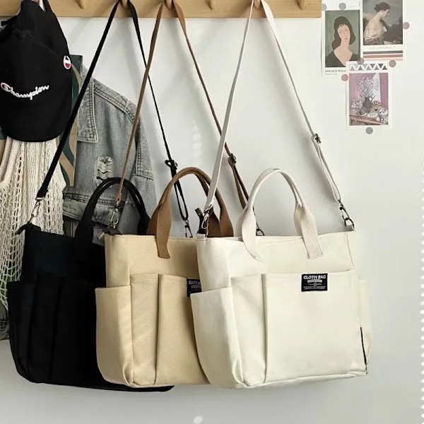 Urban Minimalistisk Kvinnlig Student Stor Kapacitet Pendla Horisontell Canvas Enkel Axel Diagonal Cross Portable Tote Bage Svart