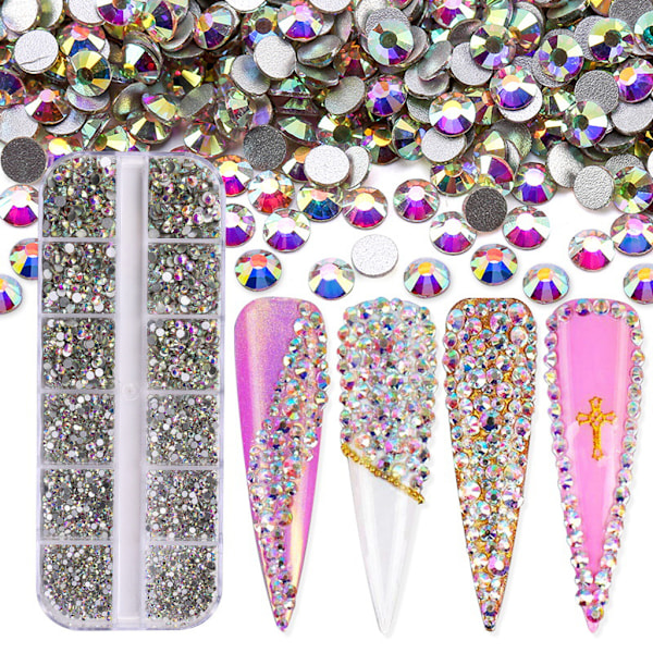 3600 st Nail Art för Rhinestone AB Rhinestones Pärlor Nail Gems Rundformade Flatback Gems Stones Dubbar 6 storlekar med låda Crystal AB Crystal AB