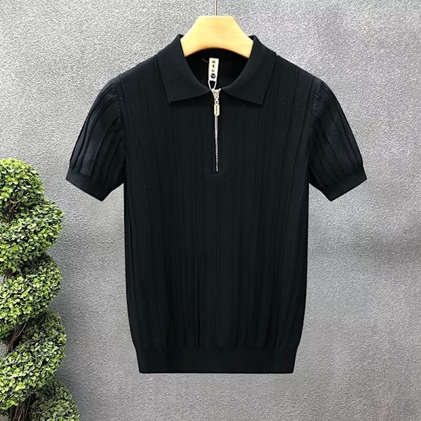 Blixtlås Stickade Kortärmade Polo Tröja Mäns Sommar Amerikanska Retro Kommuter Loose Vertikala Ränder T- Shirt Män Black XL