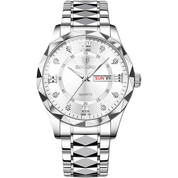 Herrar Elegant Kvarts Armbandsur Klassisk Rostfritt Stål Herrklockor Diamant Vattentät Klocka Multifunktionell Affärsklocka för Män Vit White