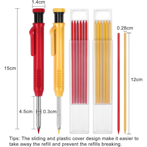 2 Pak Snedkerblyanter, 12 Efterfyldninger, Hårdt Brug med Spidsersliber (Rød/Gul) Red, Yellow