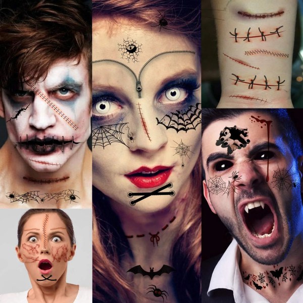 9 ark Halloween tillfälliga tatueringar för ansiktskropp, Scars Spi SQBB
