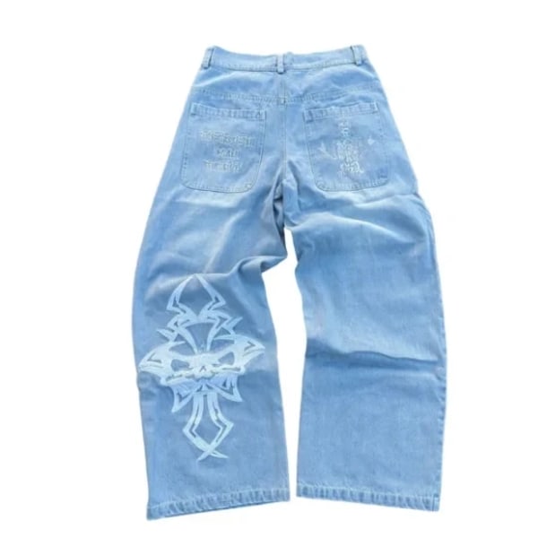 Y2k Jeans Menn Hip Hop Retro Skalle Broderi Vasket Baggy Denim Bukser Nye Rette Casual Løs Bred Ben Bukser Streetwear 5 M