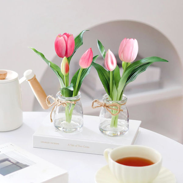 2 Pakk Pink Tulipaner i Glasvase med Kunstig Vand, Ægte Touch Blomster til Hjemmedekor Dark Pink+light Pink