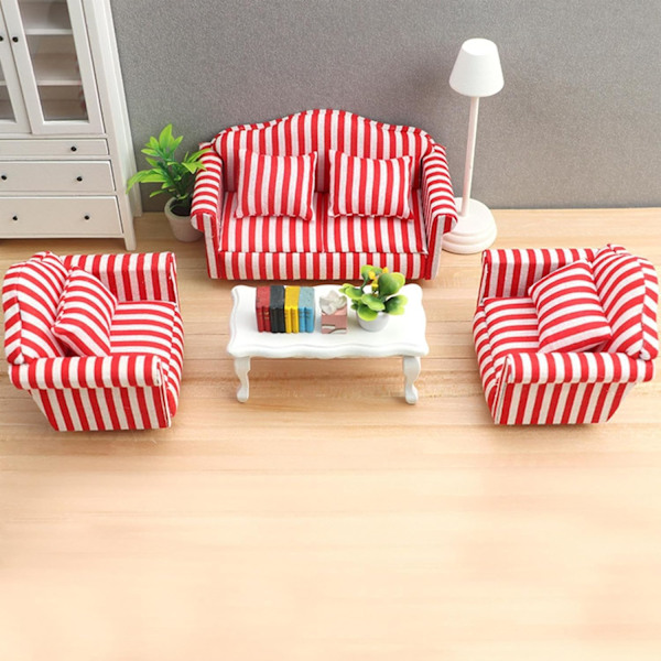 Nukkekodin sohvasetti - 1:12 mittakaava Punainen & Valkoinen Raidalliset Miniatyyri Nojatuolit Lasten Leikkikaluille RED Three piece set