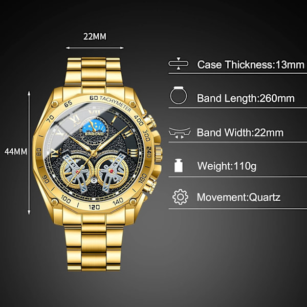 Herrar Kvarts Armbandsur Fritids Rostfritt Stål Klockor Mode Analog Klocka Luminous Datum Kalender Herrklocka Guld Svart Gold black
