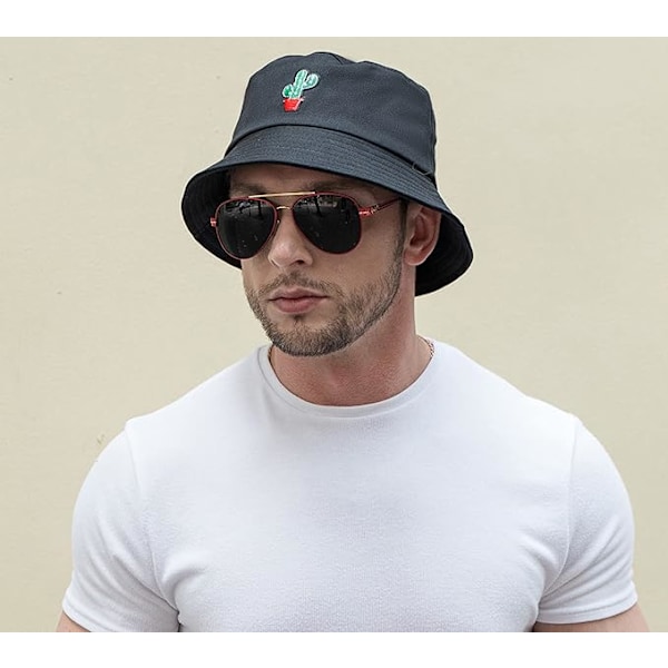 Bucket Hat Bomull Sommar Fiskehatt för Kvinnor Män, (kaktus-svart)