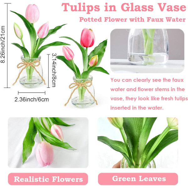 2 Pakk Pink Tulipaner i Glasvase med Kunstig Vand, Ægte Touch Blomster til Hjemmedekor Dark Pink+light Pink