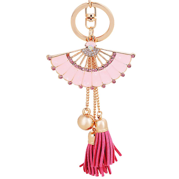 Mode glänsande strass fläktformad pärla tofs hänge emalj nyckelring nyckelring, rosa