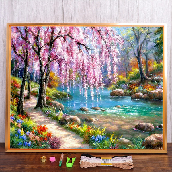 Landskab Kirsebærblomstringstræ Trykt stof Korssting Sæt Broderi Håndarbejde Håndværk Hobbysømning Mulina Engros Stemplet HMA70935 40x50cm