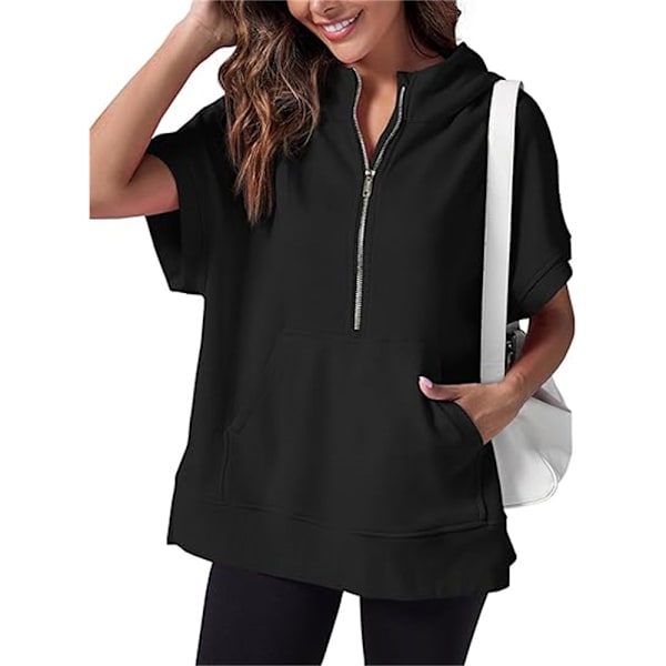 Kvinners kortermet halv glidelås pullover baggy hettegenser pullover casual hettegenser topper bluse Svart Black L Black L