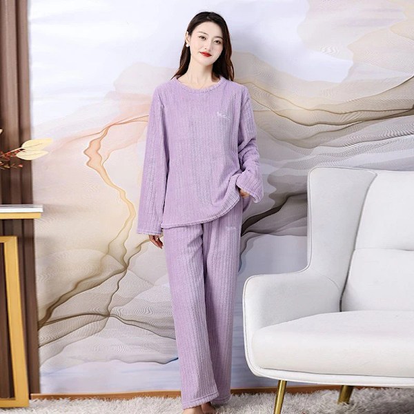 Hösten Vinter Flanell Pyjamas Kvinnors Tvådelade Loose Casual Homewear Nya O-Hals Kvinnors Randiga Korall Fleece Simm Pyjamas B0859-lila L