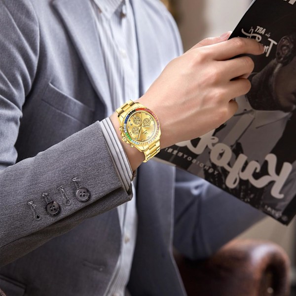 Herremode Armbåndsur Elegant Multifunktionelt Ur Analogt Kvartsur Diamant Rustfrit Stål Armbåndsur Chronograph Lysende Ur Guld Gold