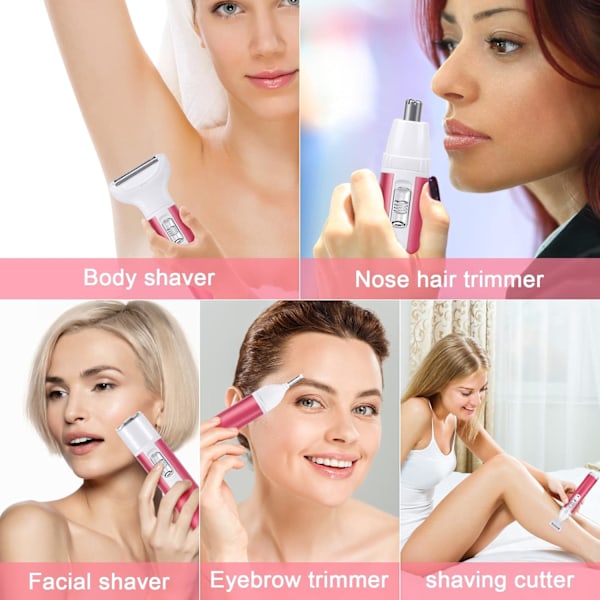 Elektrisk barbermaskin for kvinner, 5-i-1 smertefri epilator, USB-oppladbar våt og tørr barbermaskin for ansikt, ben, bikinilinje