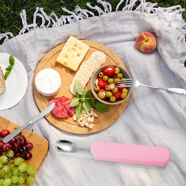 Leirintäastiasto, matkasäiliö, kannettava ruostumattomasta teräksestä valmistettu astiasto laatikolla, vaellukselle, matkalle, piknikille, toimistolle, kouluun pink