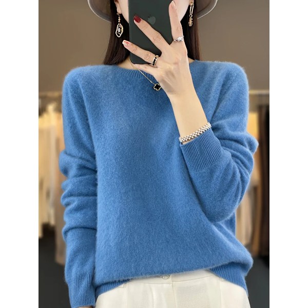 100% Merinoullgenser Kvinnor Cashmere Pullover Stick Høst Vinter O-Hals Solid Color Fashion Basic Kvinna E Klær Topp Wumai Blå L