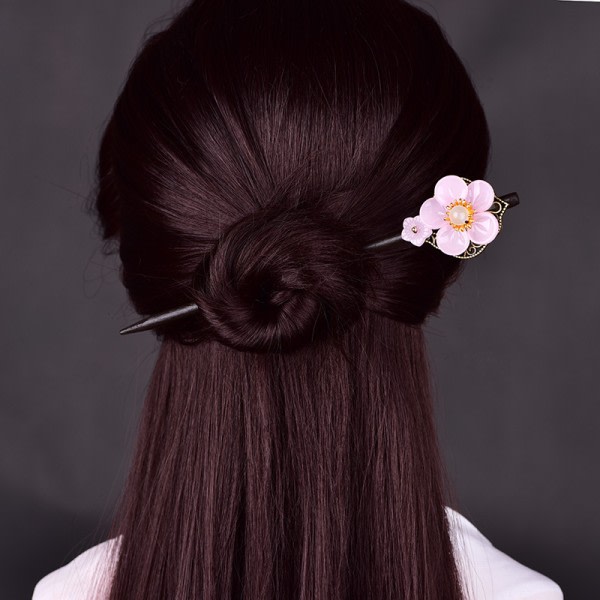 CQBB Kinesiska traditionella blomma hårpinnar Vintage trä hårnål Glaze Blomma hår Ätpinnar Blomma hår styling nålar för kvinnor Flickor (rosa)