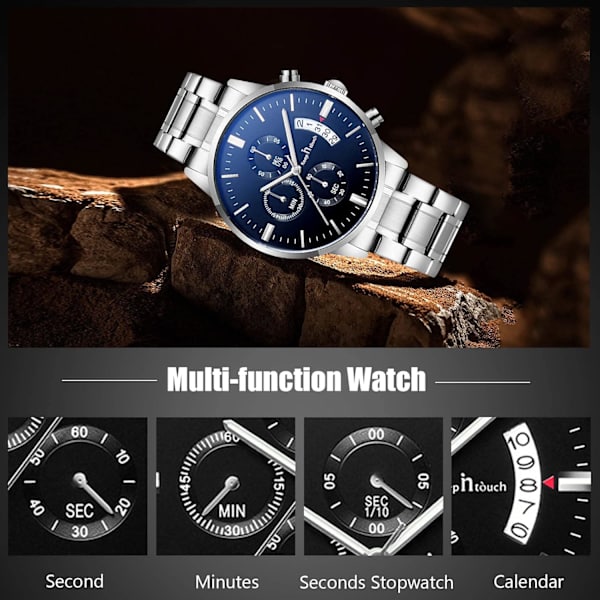 Mænd Analog Kvarts Forretningsure Lysende Vandafvisende Armbåndsur Dato Kalender Ur Chronograph Rustfrit Stål Rem Ur Sølv Sort Silver black