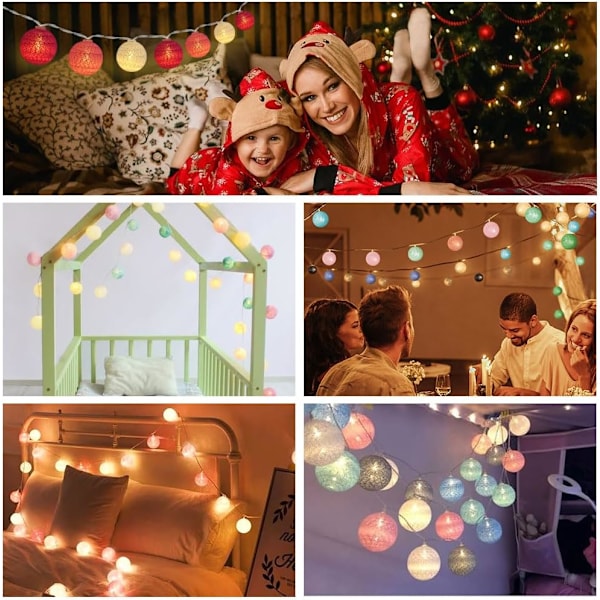 Bomuldsbolde lyskæde, 3,3 m bomuldsbolde lyskæde, 20 LED bolde lyskæde, lyskæde, LED lyskæde til børneværelse, soveværelse, jul, bryllup, fest Macaron USB