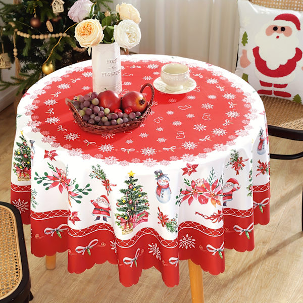 1 st, polyester duk, god jul cover, tecknad jultomte Snögubbe mönster bordsduk, julatmosfärisk bordsdekoration 152.4cm(Rund)