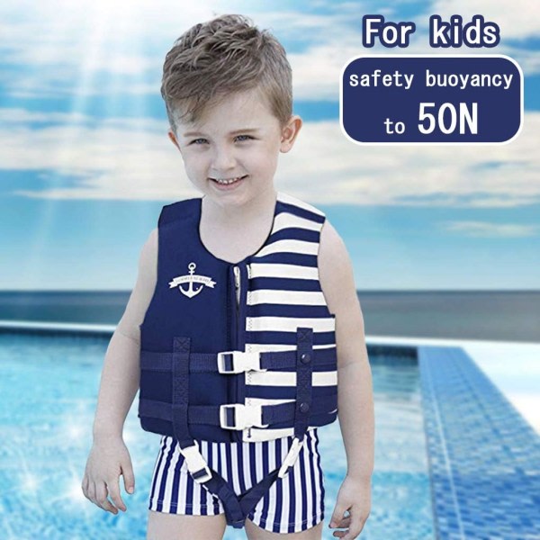 CQBB Badväst för barn 30-60 kg flickor pojkar flytväst med dubbel Stripes Deep Blue Small