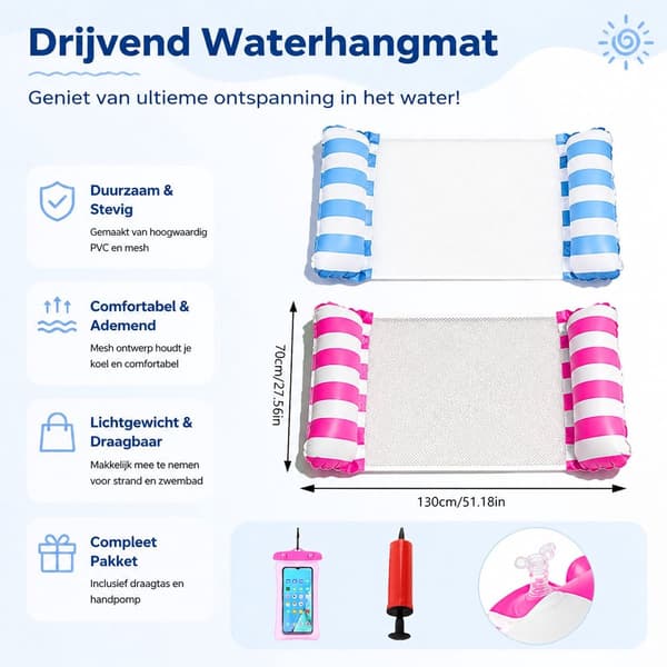 Oppustelig vandhængekøje-sæt med dobbeltrør, luftpumpe og telefonpose, foldbar til voksne og børn, pink og blå