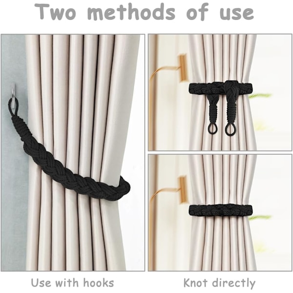 Puuvillaköyden Verhotarrat, 4-Paketti Käsinneulottuja Verhokiinnitteitä, Kermanvalkoinen Black-4 pcs