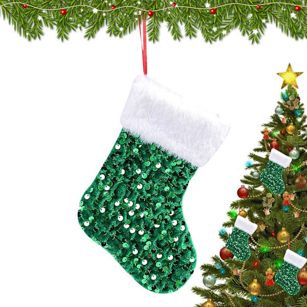 Julstrumpa | Glittrig julstrumpa | Juldekoration | Julstrumpor | Heminredning | Hållare för barn julstrumpor | Glittrande julstrumpa till jul gRÖN