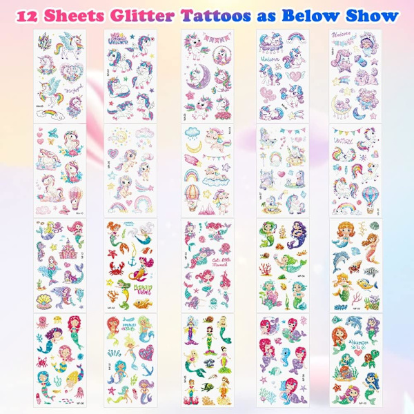 Väliaikaiset tatuoinnit lapsille, 20 kpl merenneito + yksisarvinen glittertatuoinnit, vedenkestävät irrotettavat sarjakuvatatuoinnit tytöille. 20 pc-B