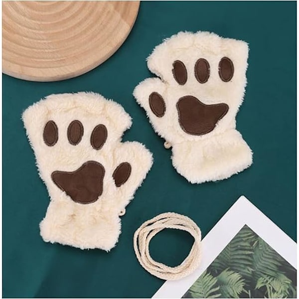 Khaki Färg Damvante - Flickor Vinter Cat Paw Mitten Handskar - Plysch Hal