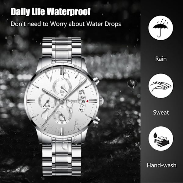 Fritids Analog Kvarts Armbandsur Herrar Affärsur Mode Datum Kalender Vattentät Luminous Klocka Rostfritt Stål Armband för Män Vit White