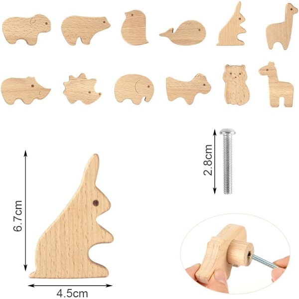 Dyr Formet Skabsknapper til Børneværelset, 12 stk. Træ Møbelgreb med Skruer 12 wooden version